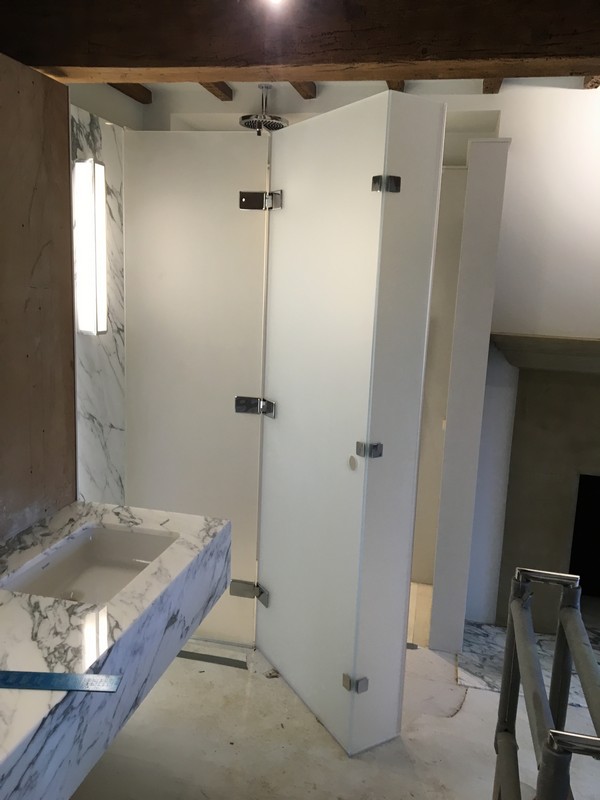 Bespoke frosted glass shower enclosure in St Paul's luxury bathroom